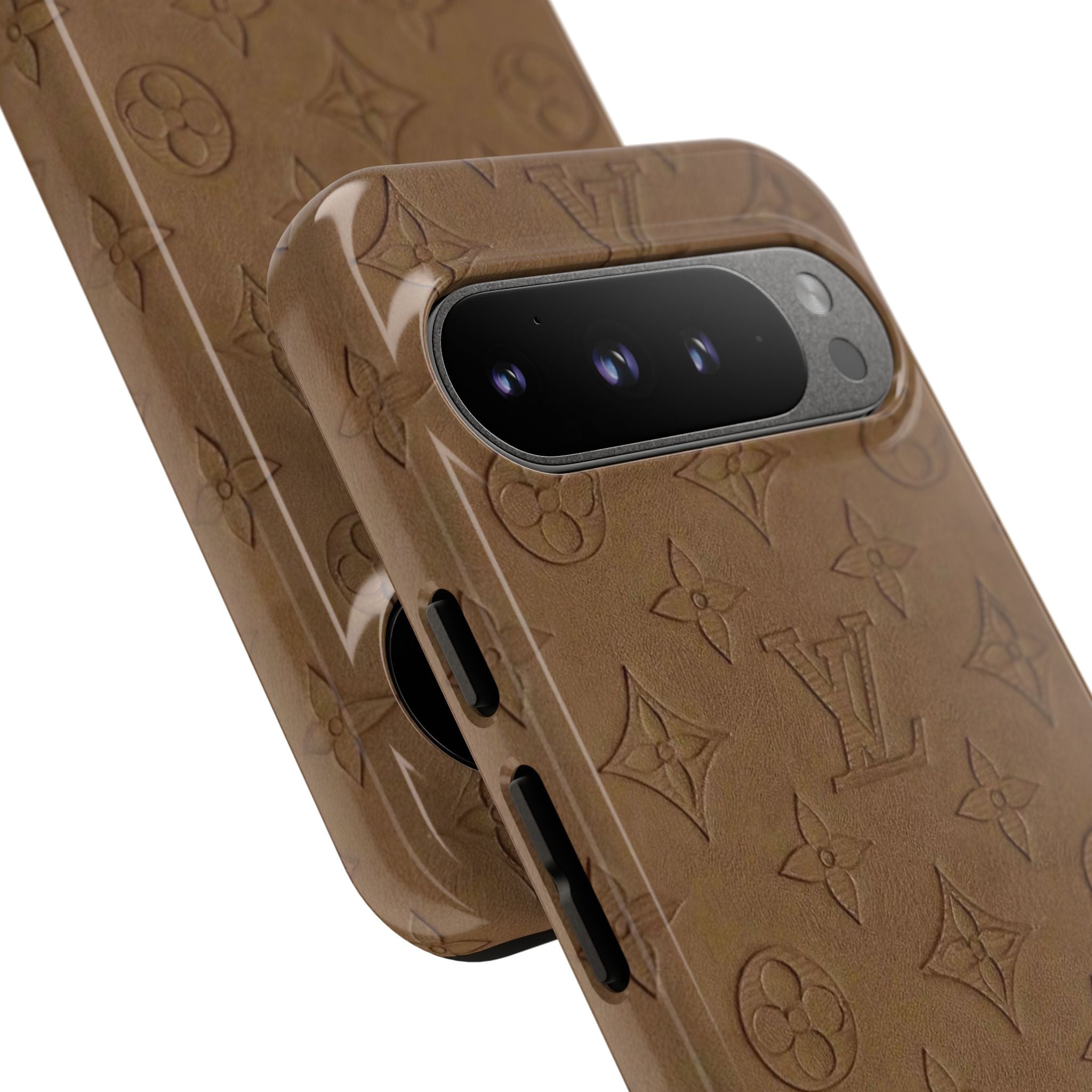 Luxury Monogram Tough Phone Case — Brown Embossed Leather Pattern