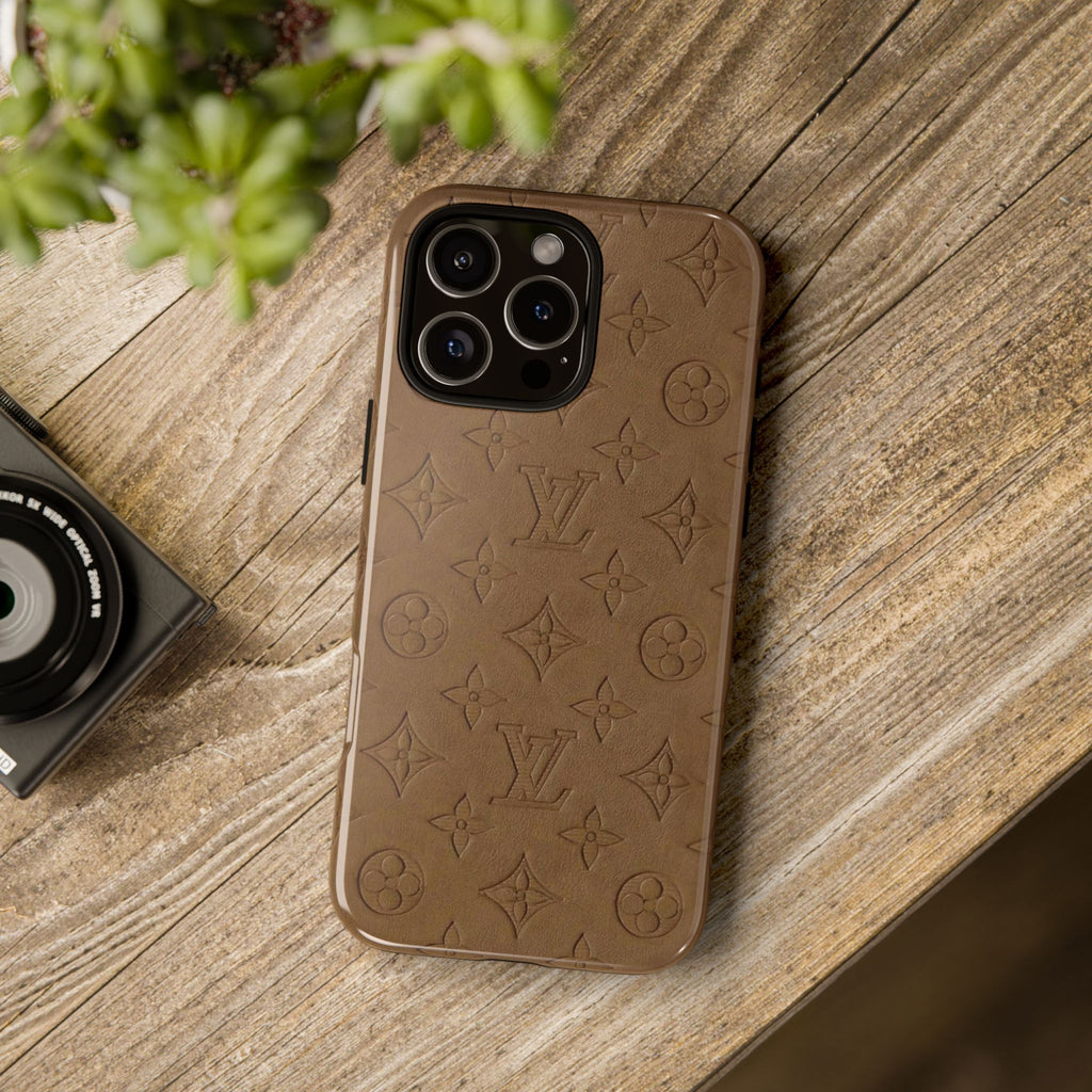 Luxury Monogram Tough Phone Case — Brown Embossed Leather Pattern