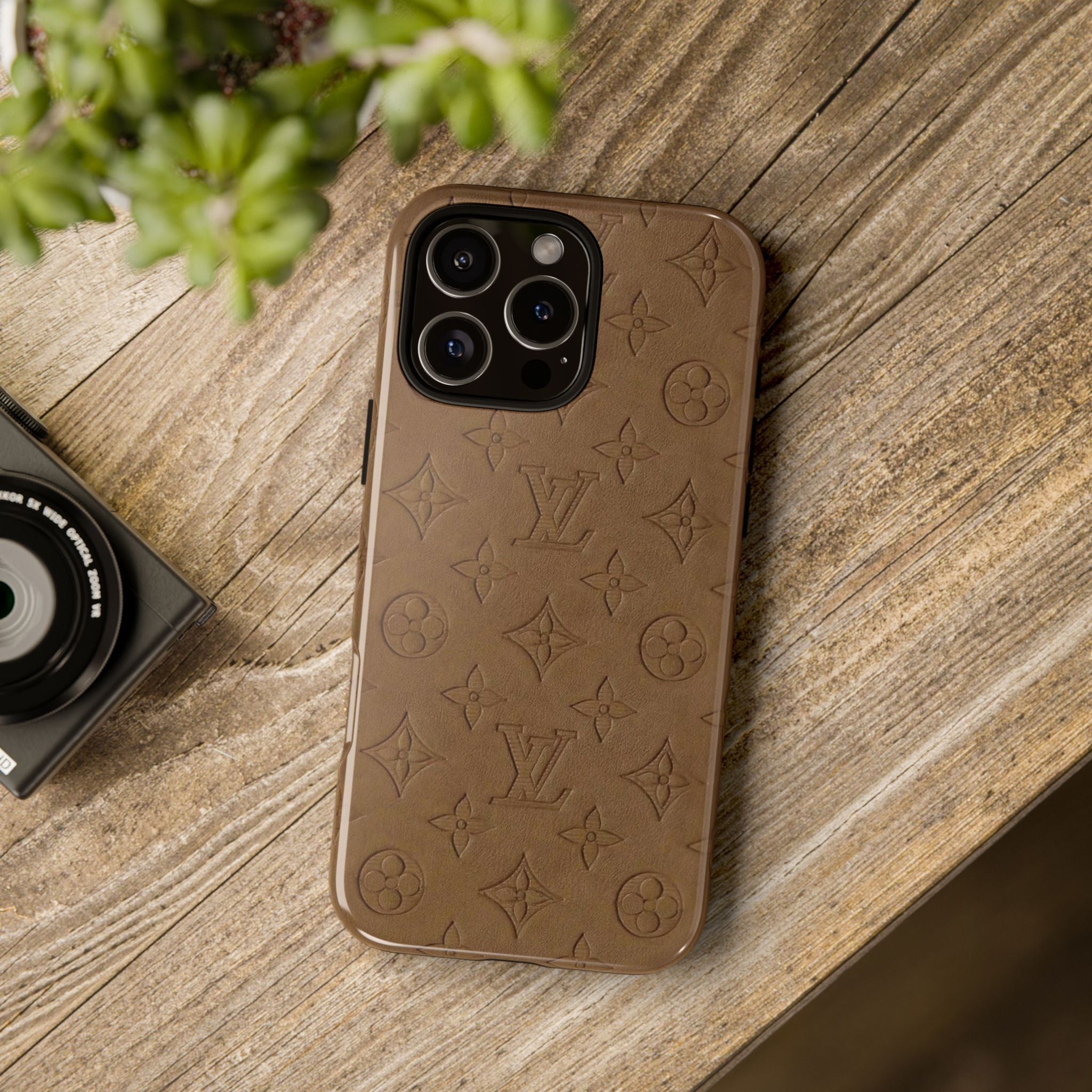 Luxury Monogram Tough Phone Case — Brown Embossed Leather Pattern