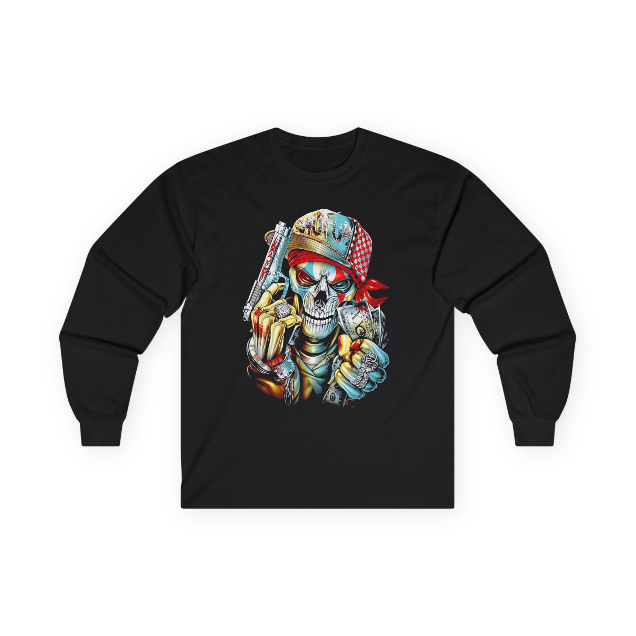 Gangster Skull Tee, Edgy Skeleton Shirt, Badass Long Sleeve Top, Urban Graphic Tee, Hip Hop Apparel, Streetwear Clothing