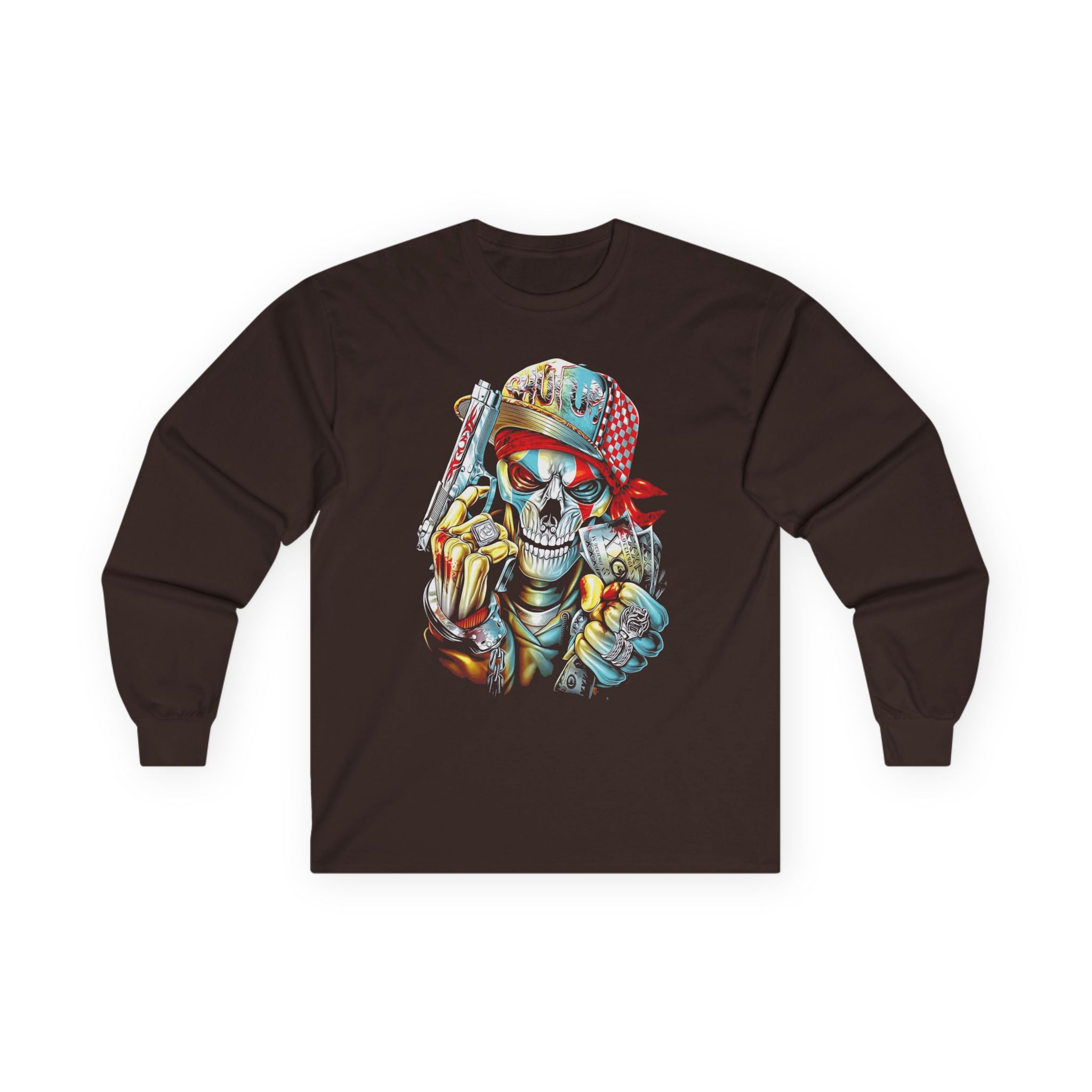 Gangster Skull Tee, Edgy Skeleton Shirt, Badass Long Sleeve Top, Urban Graphic Tee, Hip Hop Apparel, Streetwear Clothing