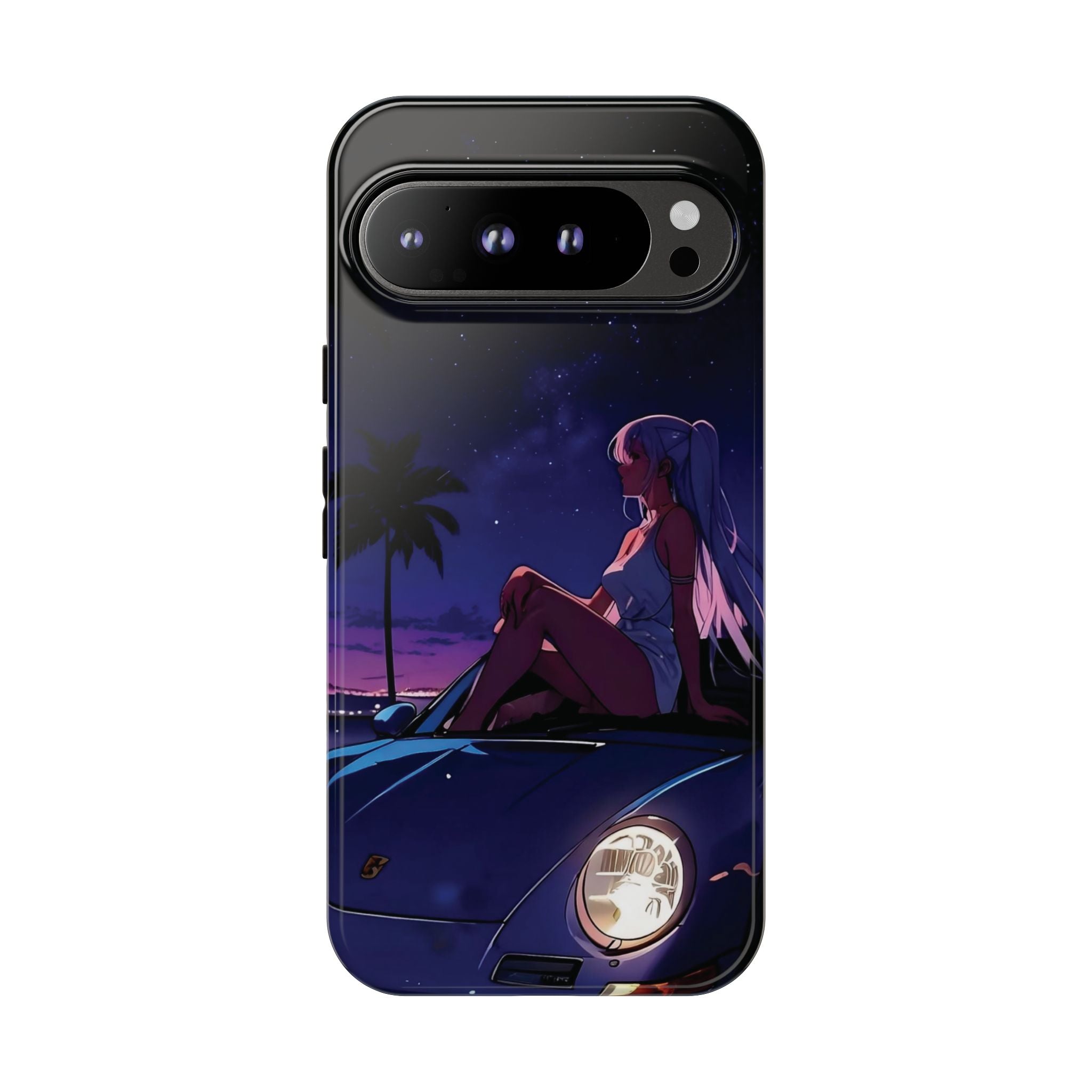 Anime Girl Nightscape Phone Case — Retro Car, Palm Trees & Starry Sunset