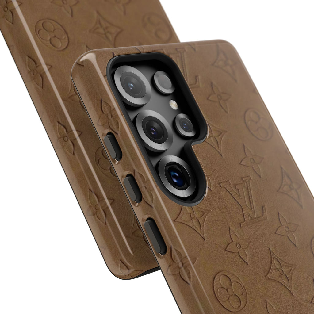 Luxury Monogram Tough Phone Case — Brown Embossed Leather Pattern