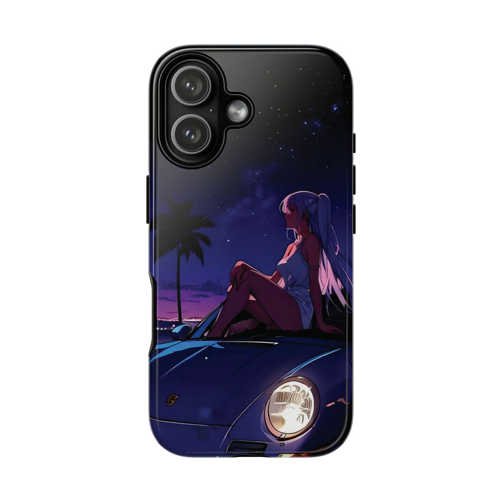 Anime Girl Nightscape Phone Case — Retro Car, Palm Trees & Starry Sunset
