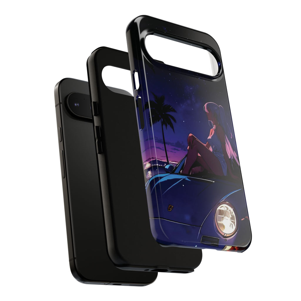 Anime Girl Nightscape Phone Case — Retro Car, Palm Trees & Starry Sunset