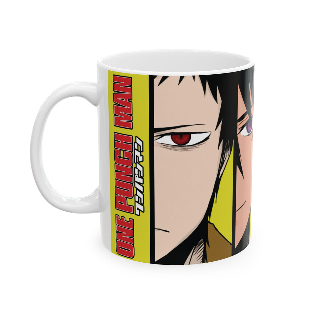 Anime Character Split-Face Ceramic Mug (11oz, 15oz) — Bold Yellow One Punch Man Design