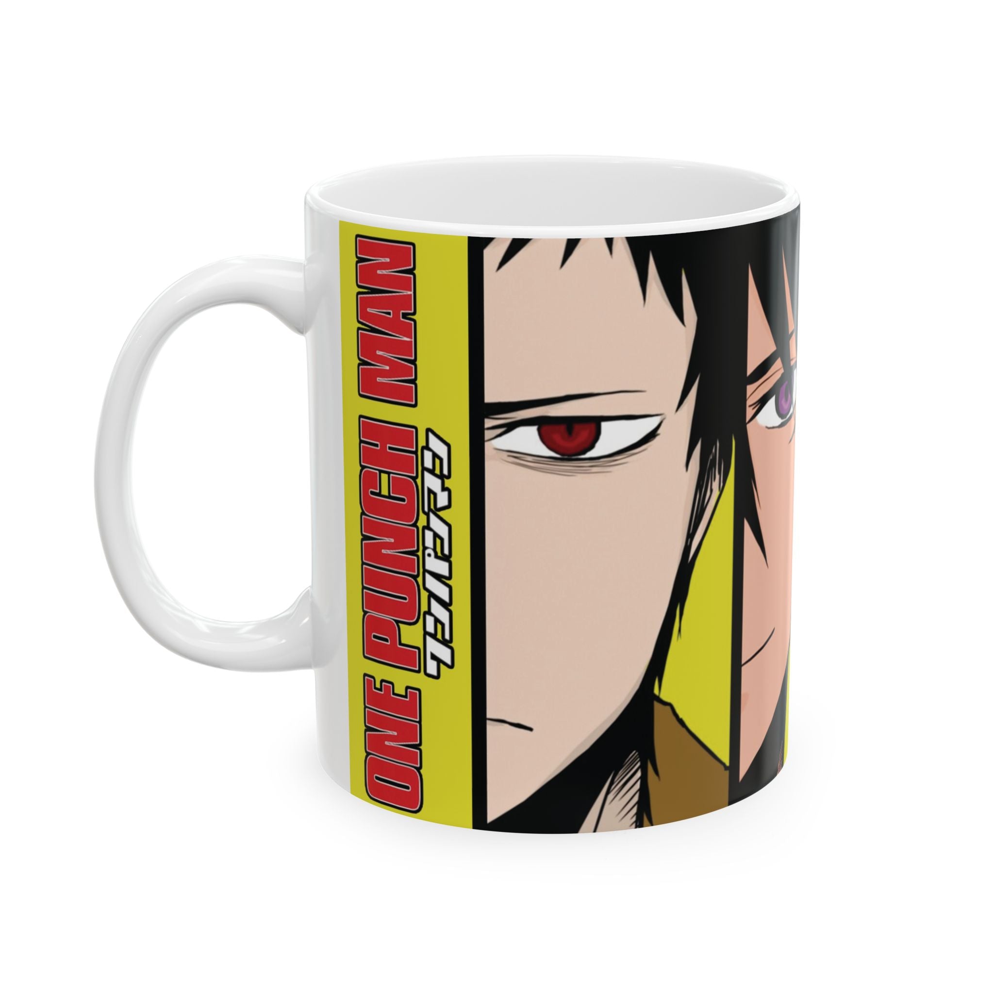 Anime Character Split-Face Ceramic Mug (11oz, 15oz) — Bold Yellow One Punch Man Design