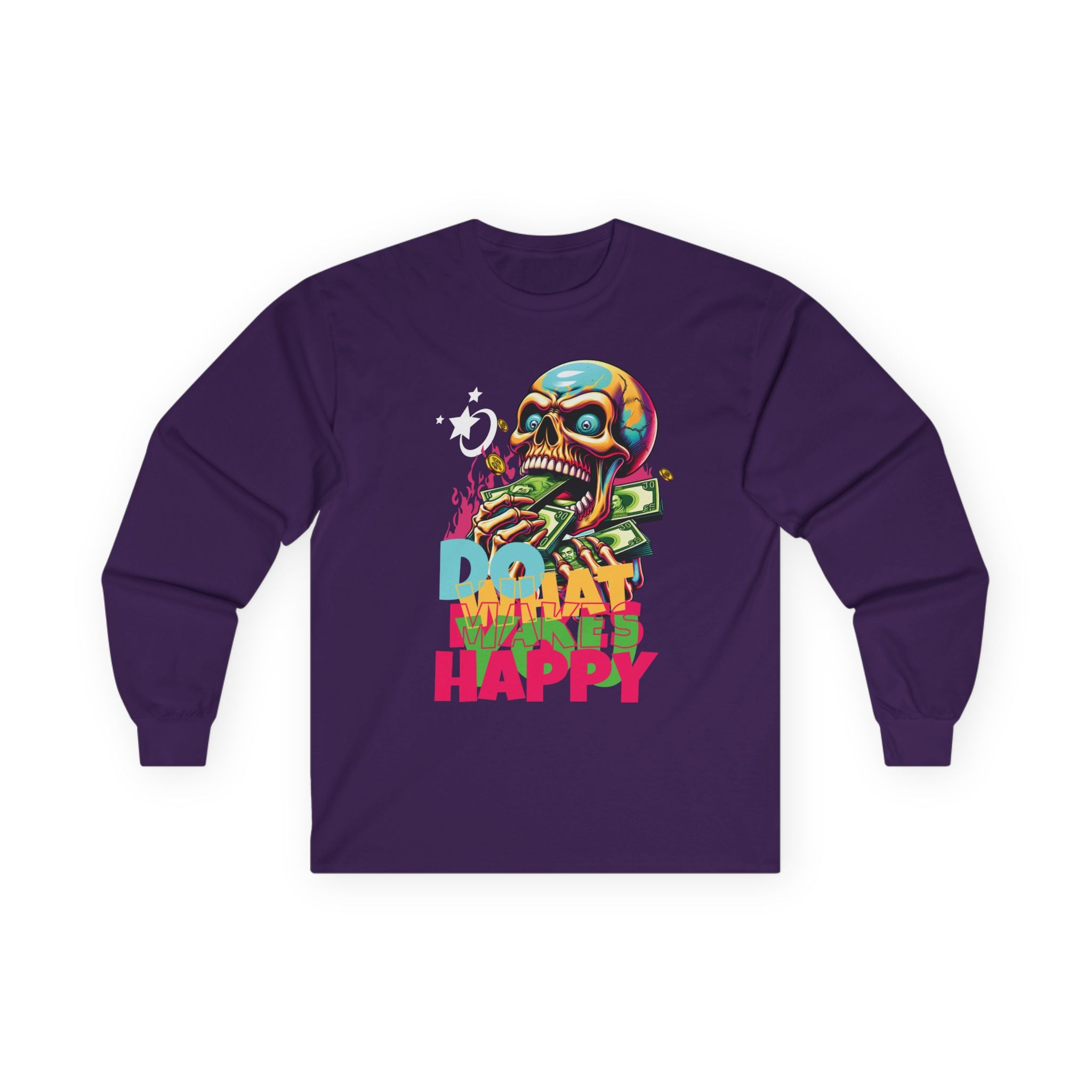 Vibrant Skull Graphic Long Sleeve Tee, Casual Wear, Grunge Style, Unisex Tee, Ideal for Halloween or Music Festivals, Fun Gift Idea