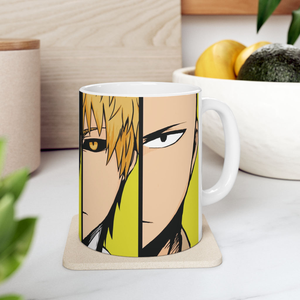 Anime Character Split-Face Ceramic Mug (11oz, 15oz) — Bold Yellow One Punch Man Design