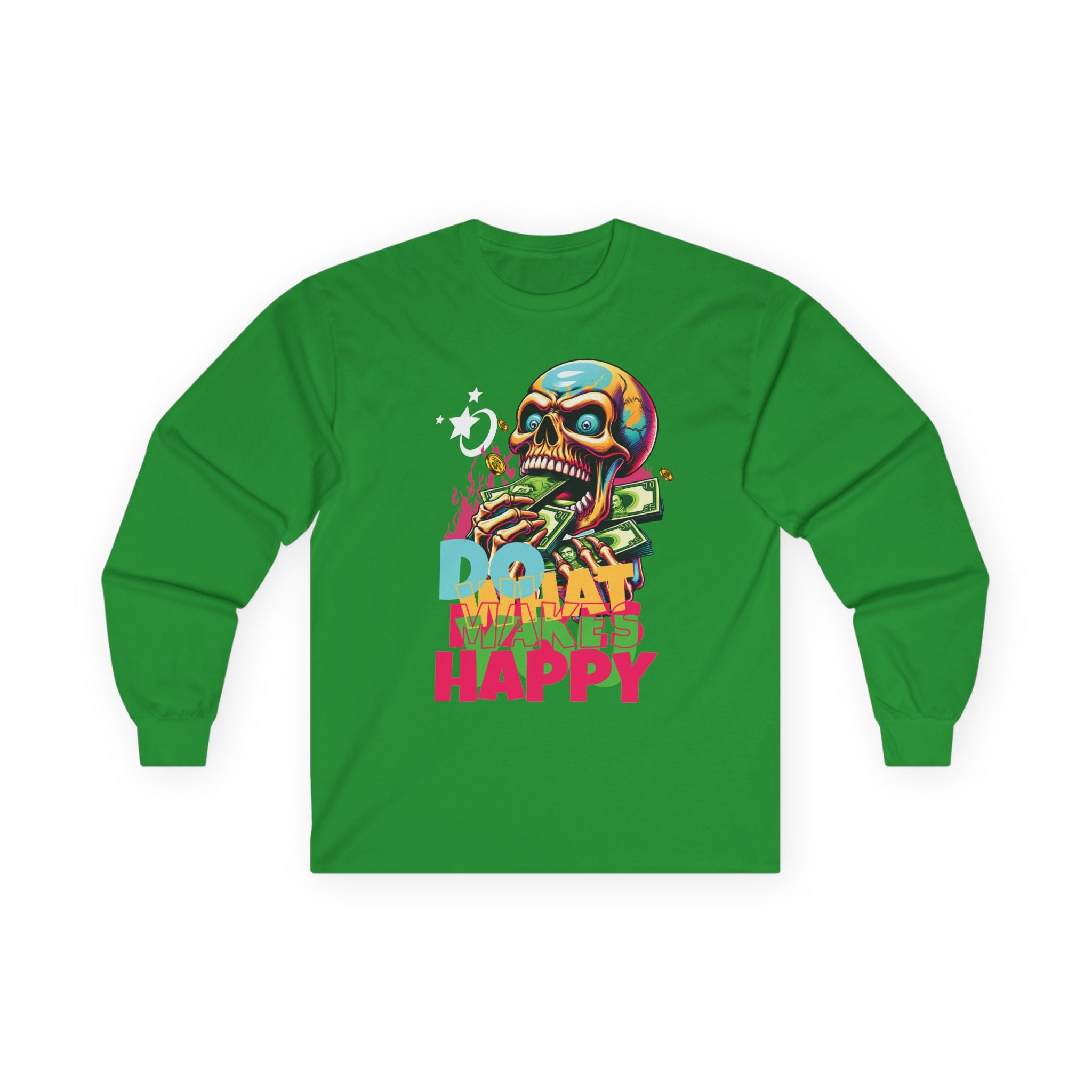 Vibrant Skull Graphic Long Sleeve Tee, Casual Wear, Grunge Style, Unisex Tee, Ideal for Halloween or Music Festivals, Fun Gift Idea