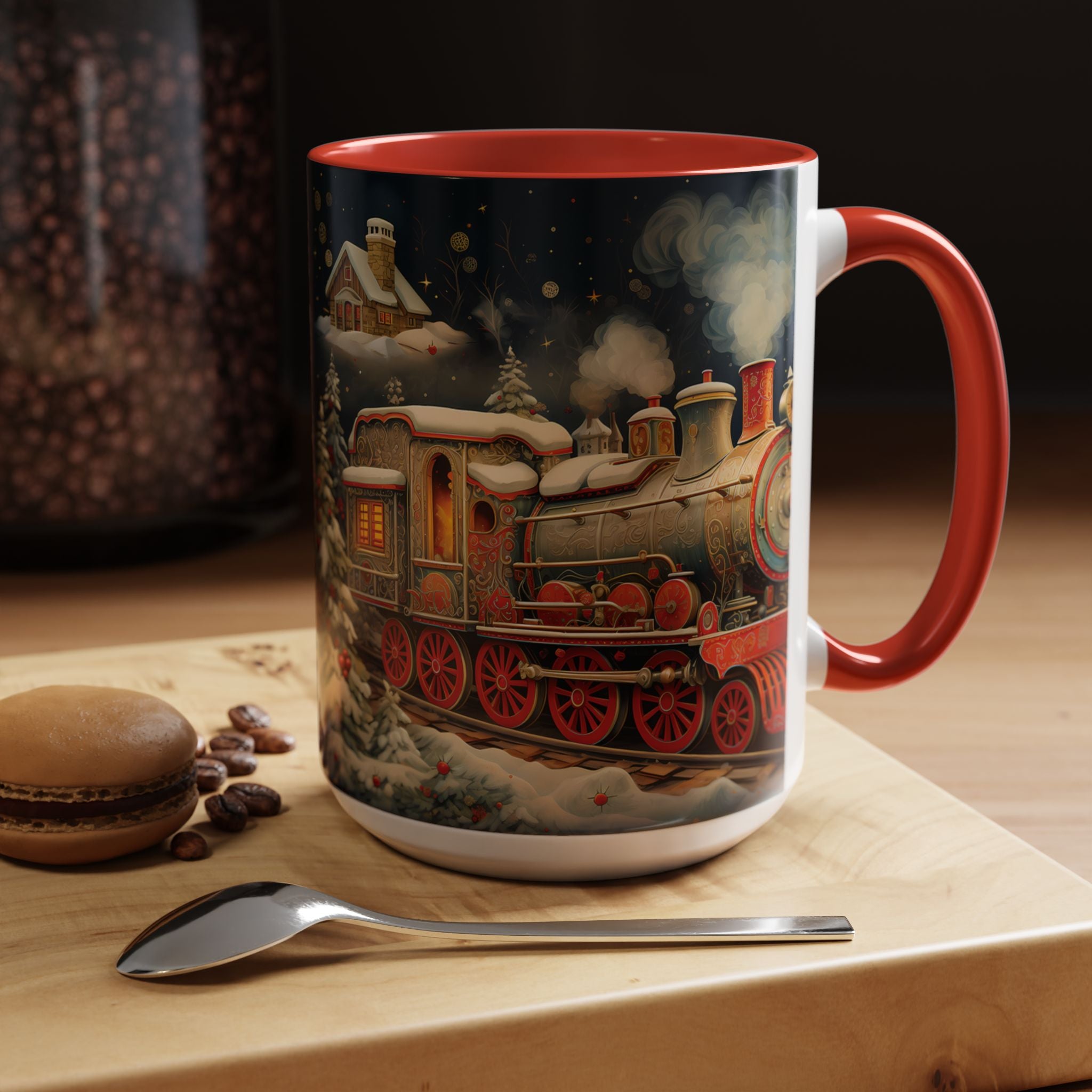 Christmas Train Accent Coffee Mug – Festive Snowy Village Holiday Design (11/15oz)