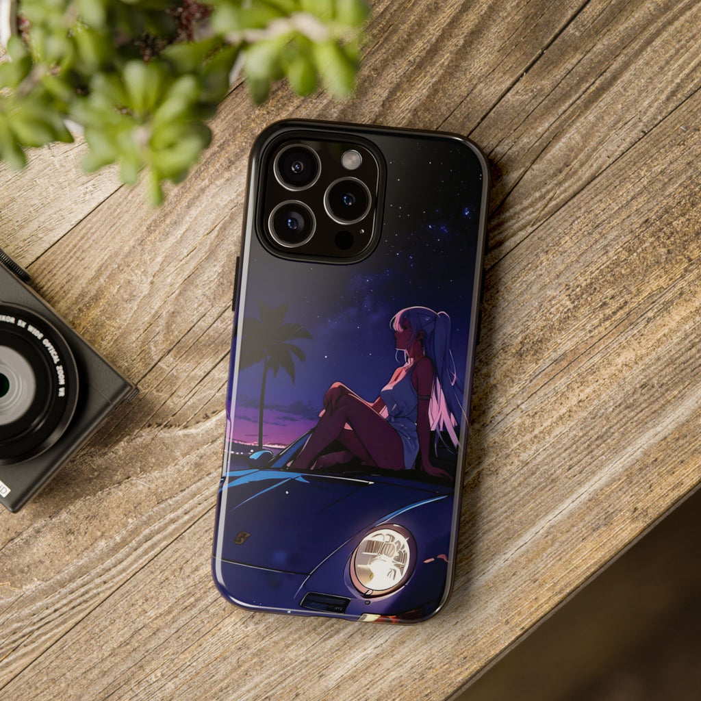 Anime Girl Nightscape Phone Case — Retro Car, Palm Trees & Starry Sunset