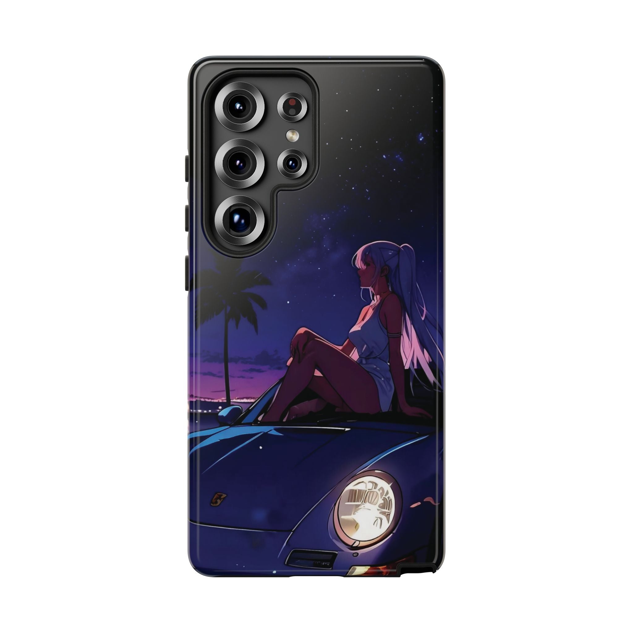 Anime Girl Nightscape Phone Case — Retro Car, Palm Trees & Starry Sunset