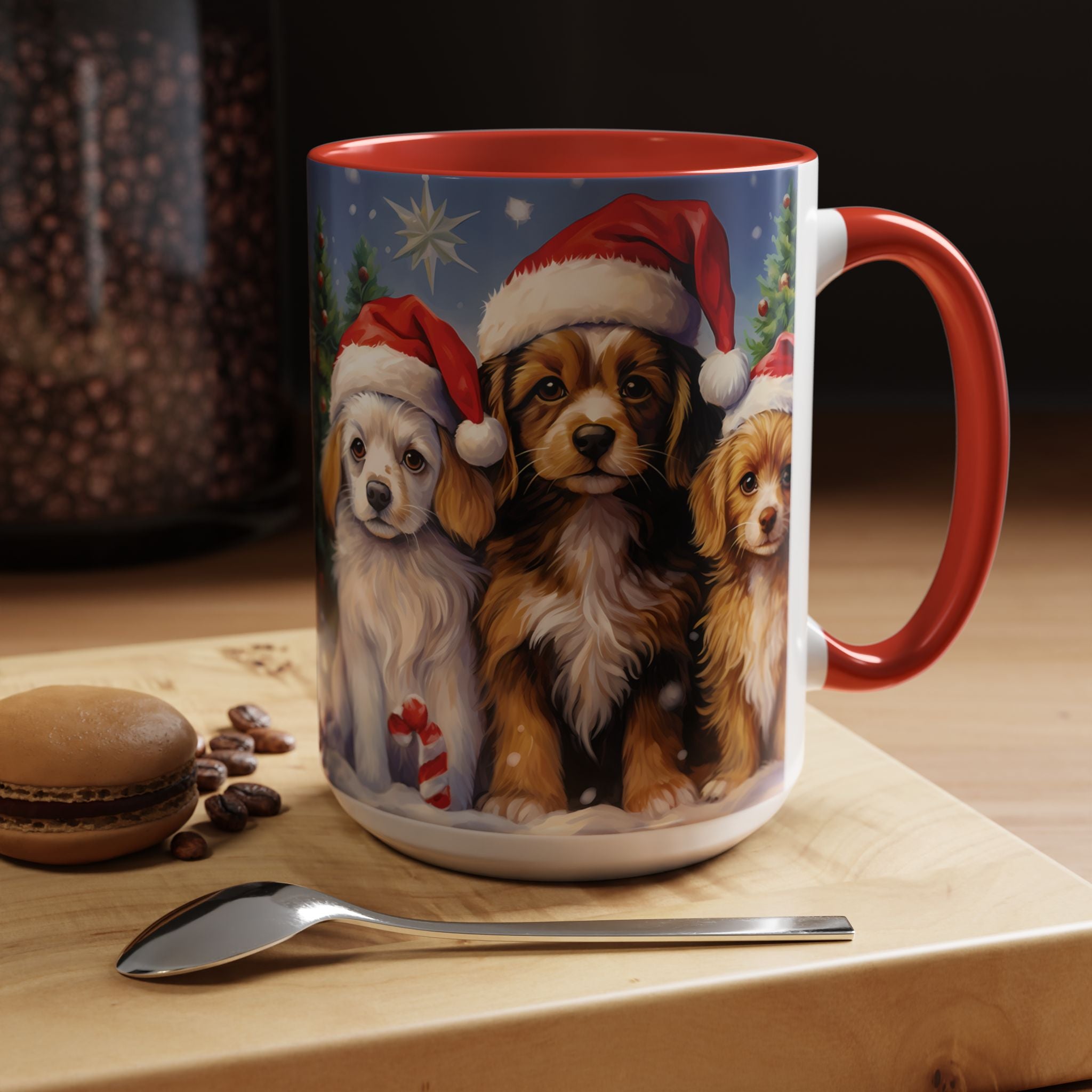 Christmas Puppies Coffee Mug – Festive Santa Hat Dog Accent Mug (11/15oz)