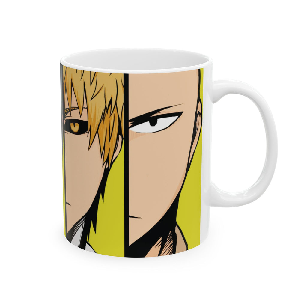 Anime Character Split-Face Ceramic Mug (11oz, 15oz) — Bold Yellow One Punch Man Design
