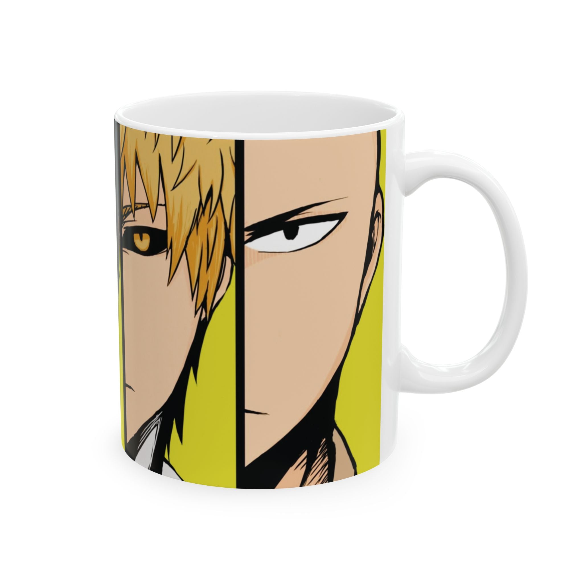 Anime Character Split-Face Ceramic Mug (11oz, 15oz) — Bold Yellow One Punch Man Design