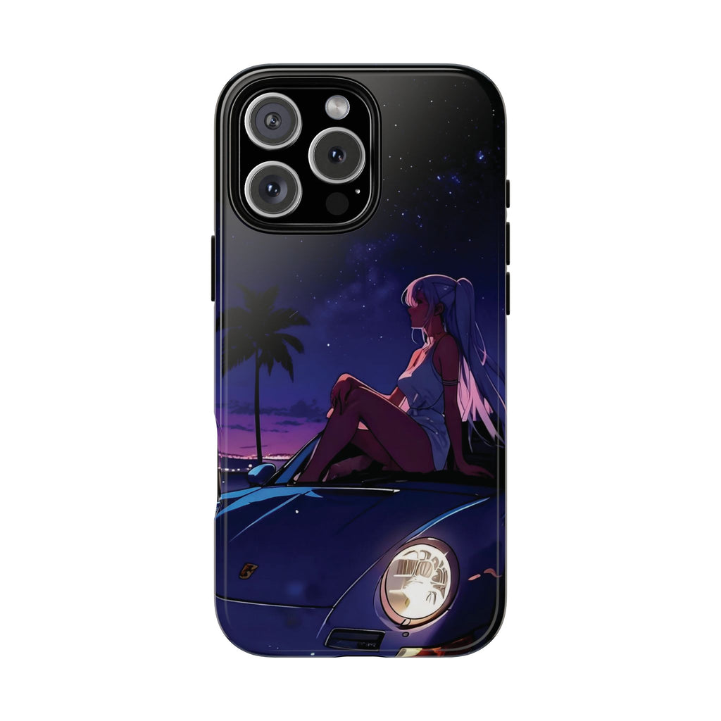 Anime Girl Nightscape Phone Case — Retro Car, Palm Trees & Starry Sunset