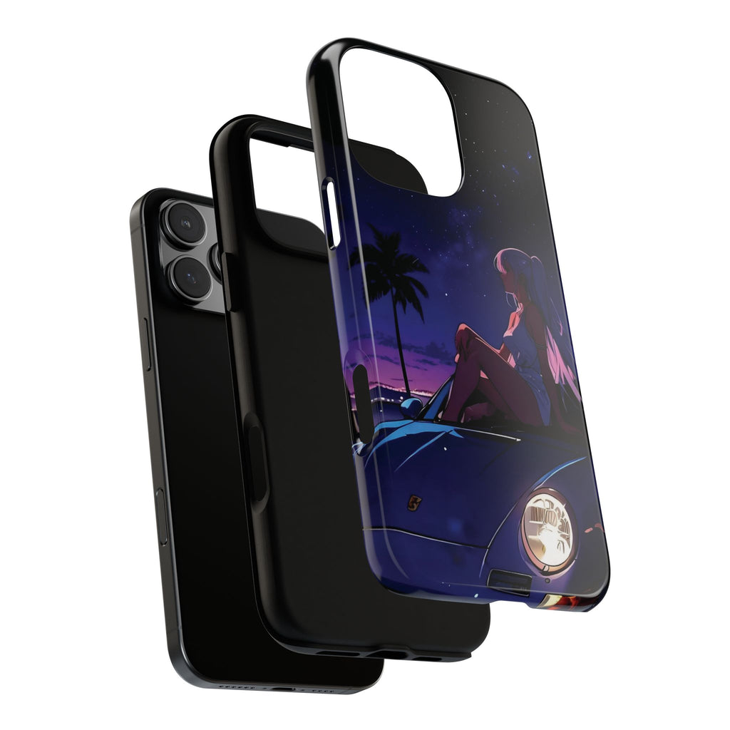 Anime Girl Nightscape Phone Case — Retro Car, Palm Trees & Starry Sunset