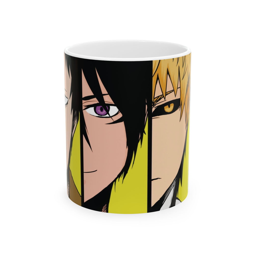 Anime Character Split-Face Ceramic Mug (11oz, 15oz) — Bold Yellow One Punch Man Design