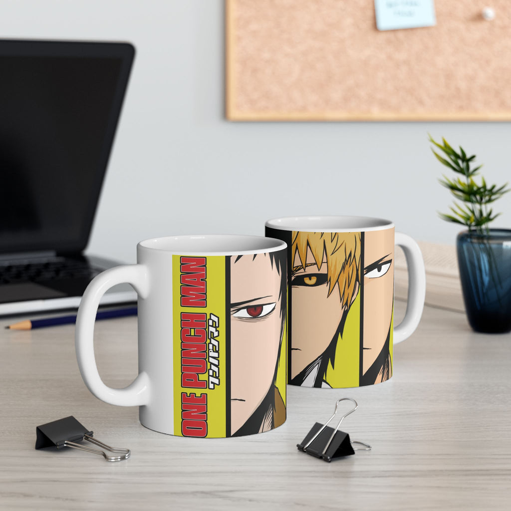 Anime Character Split-Face Ceramic Mug (11oz, 15oz) — Bold Yellow One Punch Man Design