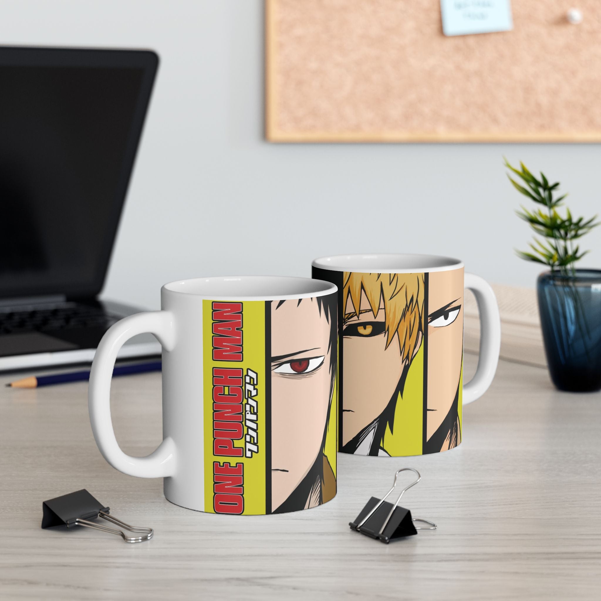 Anime Character Split-Face Ceramic Mug (11oz, 15oz) — Bold Yellow One Punch Man Design