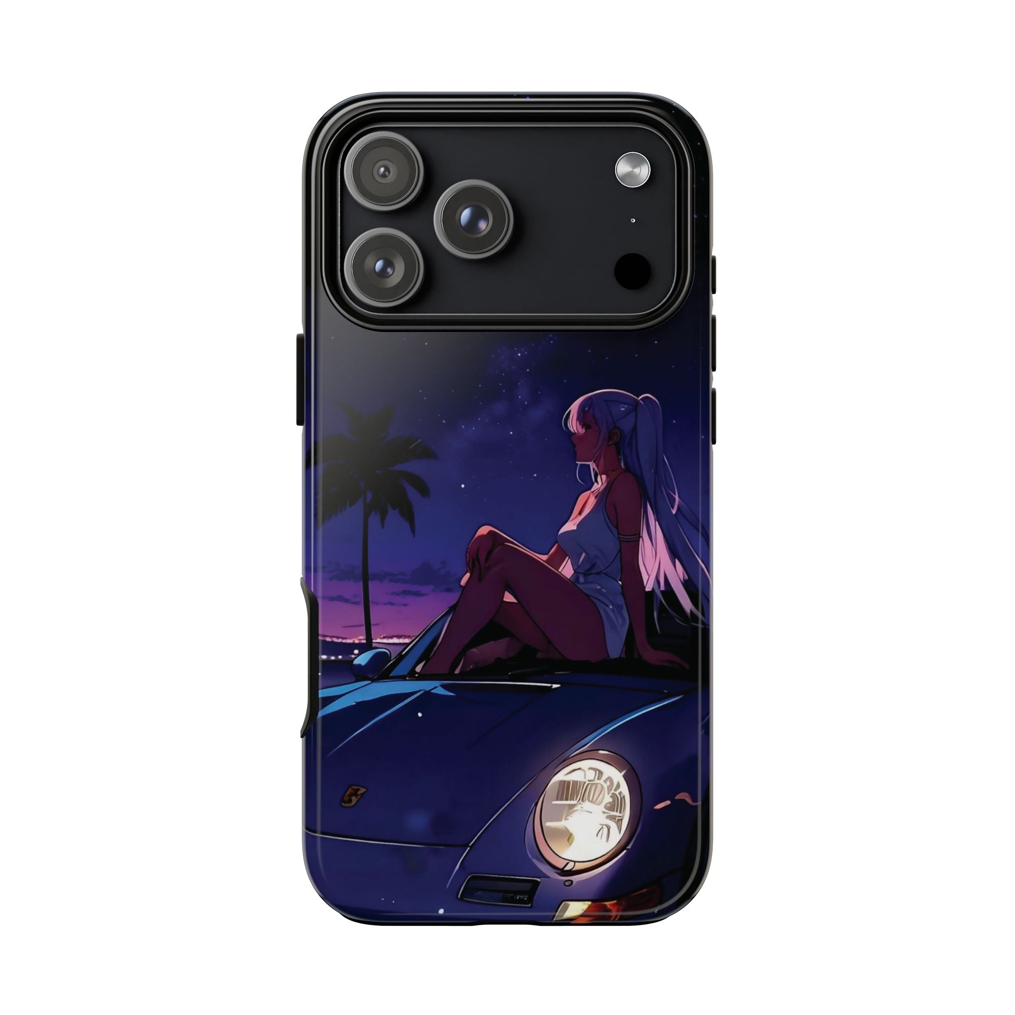 Anime Girl Nightscape Phone Case — Retro Car, Palm Trees & Starry Sunset