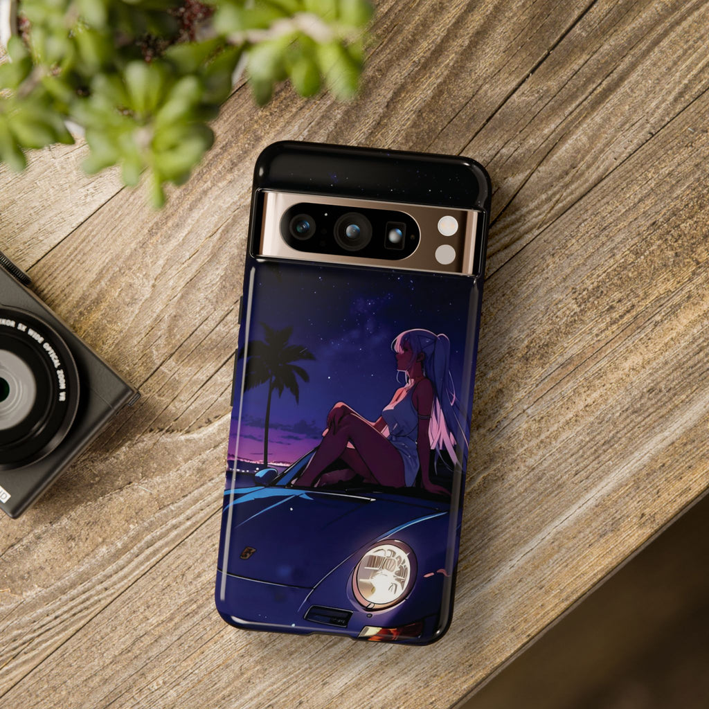 Anime Girl Nightscape Phone Case — Retro Car, Palm Trees & Starry Sunset