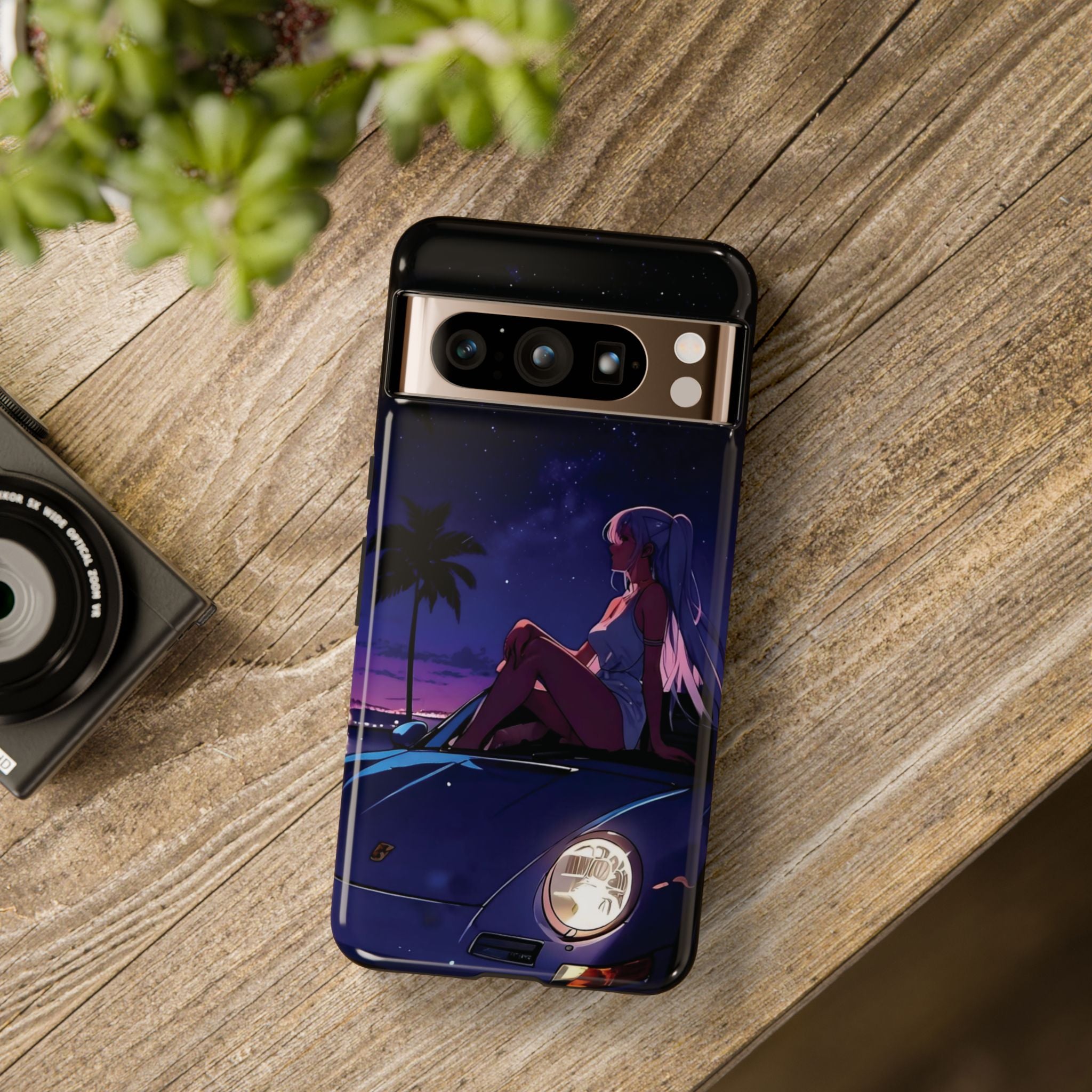 Anime Girl Nightscape Phone Case — Retro Car, Palm Trees & Starry Sunset