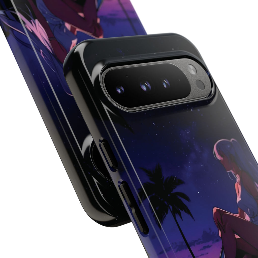 Anime Girl Nightscape Phone Case — Retro Car, Palm Trees & Starry Sunset
