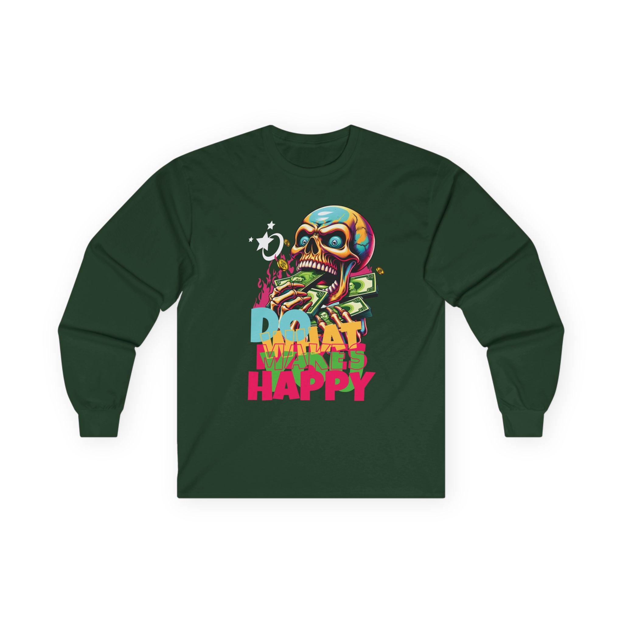 Vibrant Skull Graphic Long Sleeve Tee, Casual Wear, Grunge Style, Unisex Tee, Ideal for Halloween or Music Festivals, Fun Gift Idea