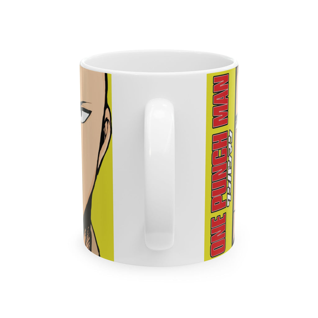 Anime Character Split-Face Ceramic Mug (11oz, 15oz) — Bold Yellow One Punch Man Design