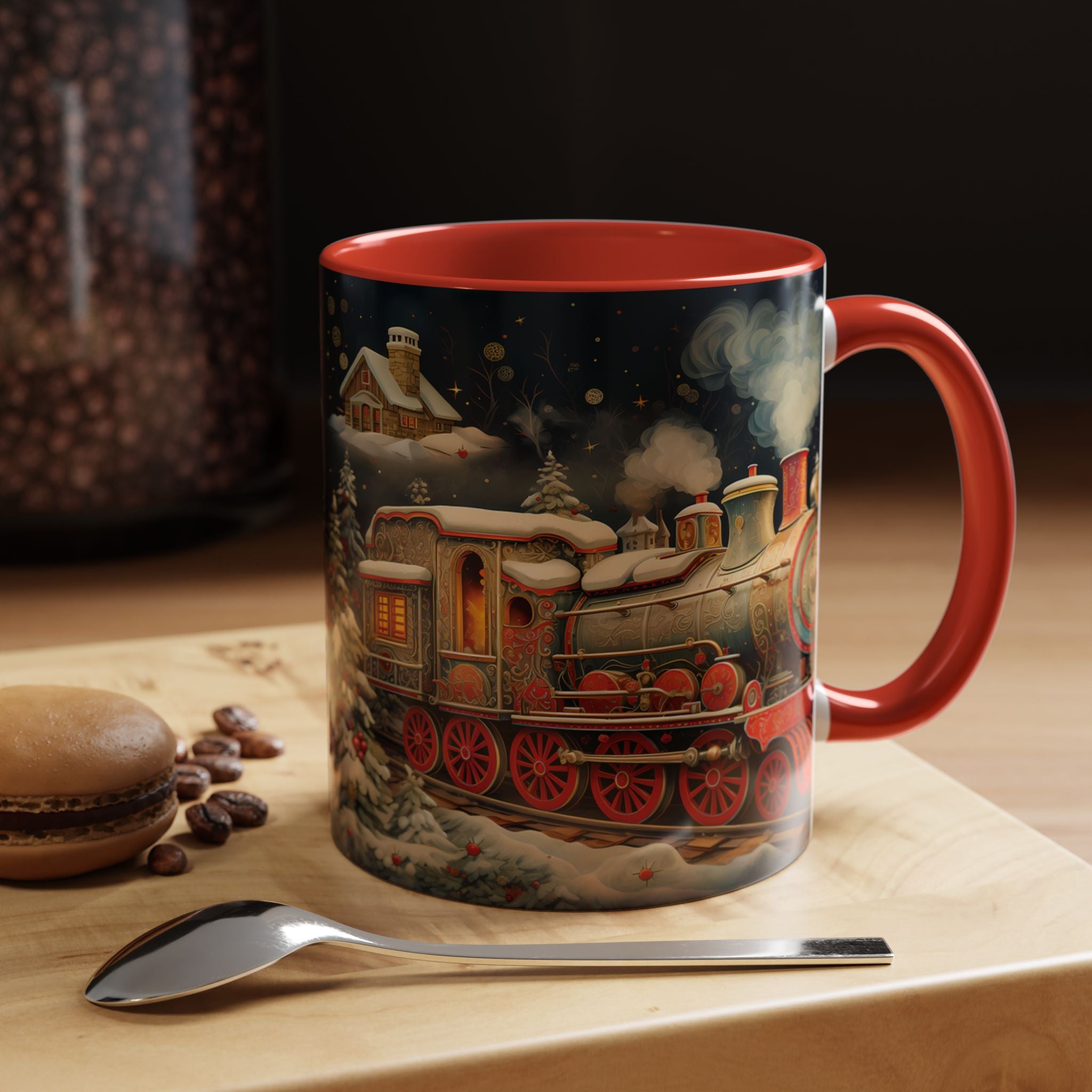 Christmas Train Accent Coffee Mug – Festive Snowy Village Holiday Design (11/15oz)
