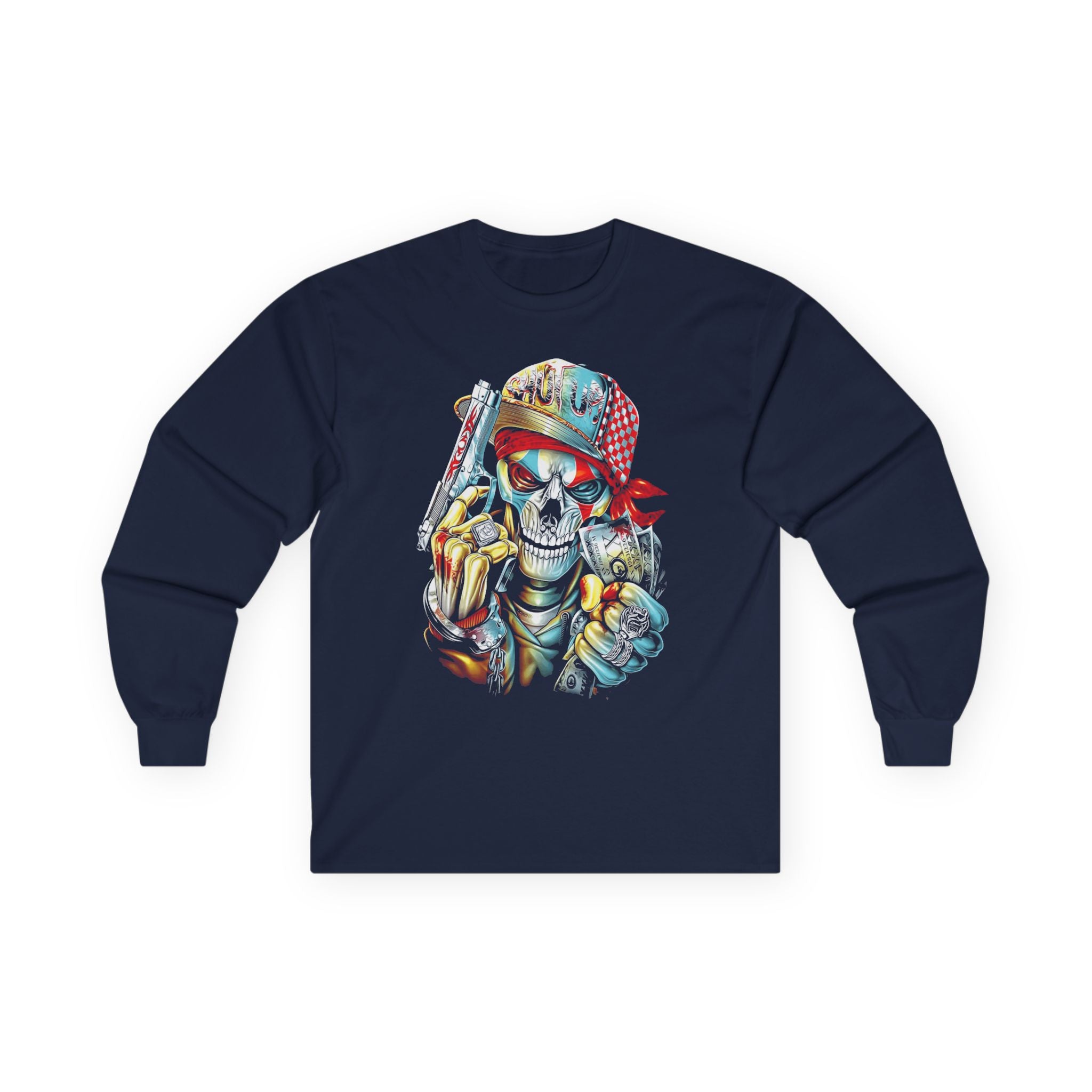 Gangster Skull Tee, Edgy Skeleton Shirt, Badass Long Sleeve Top, Urban Graphic Tee, Hip Hop Apparel, Streetwear Clothing