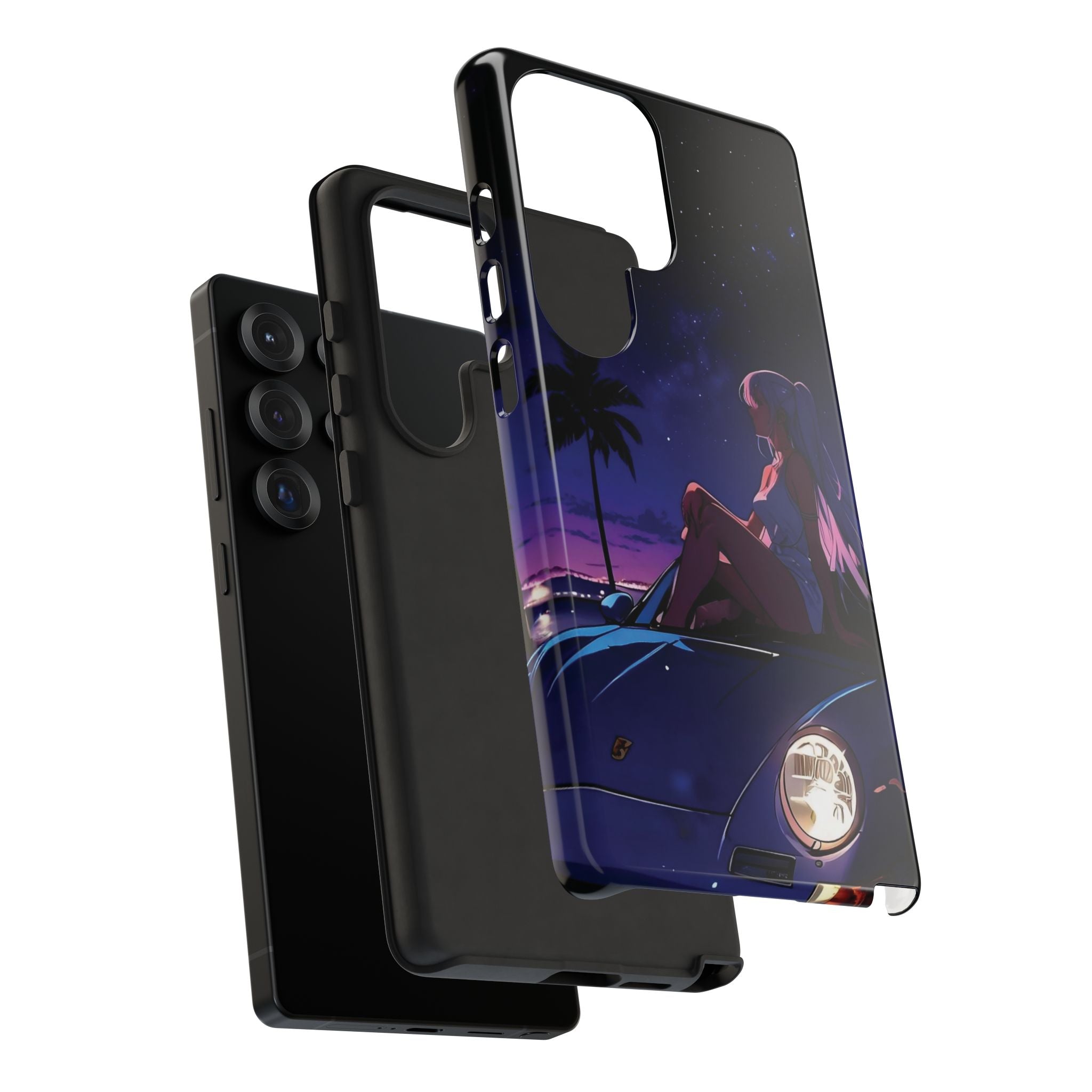 Anime Girl Nightscape Phone Case — Retro Car, Palm Trees & Starry Sunset