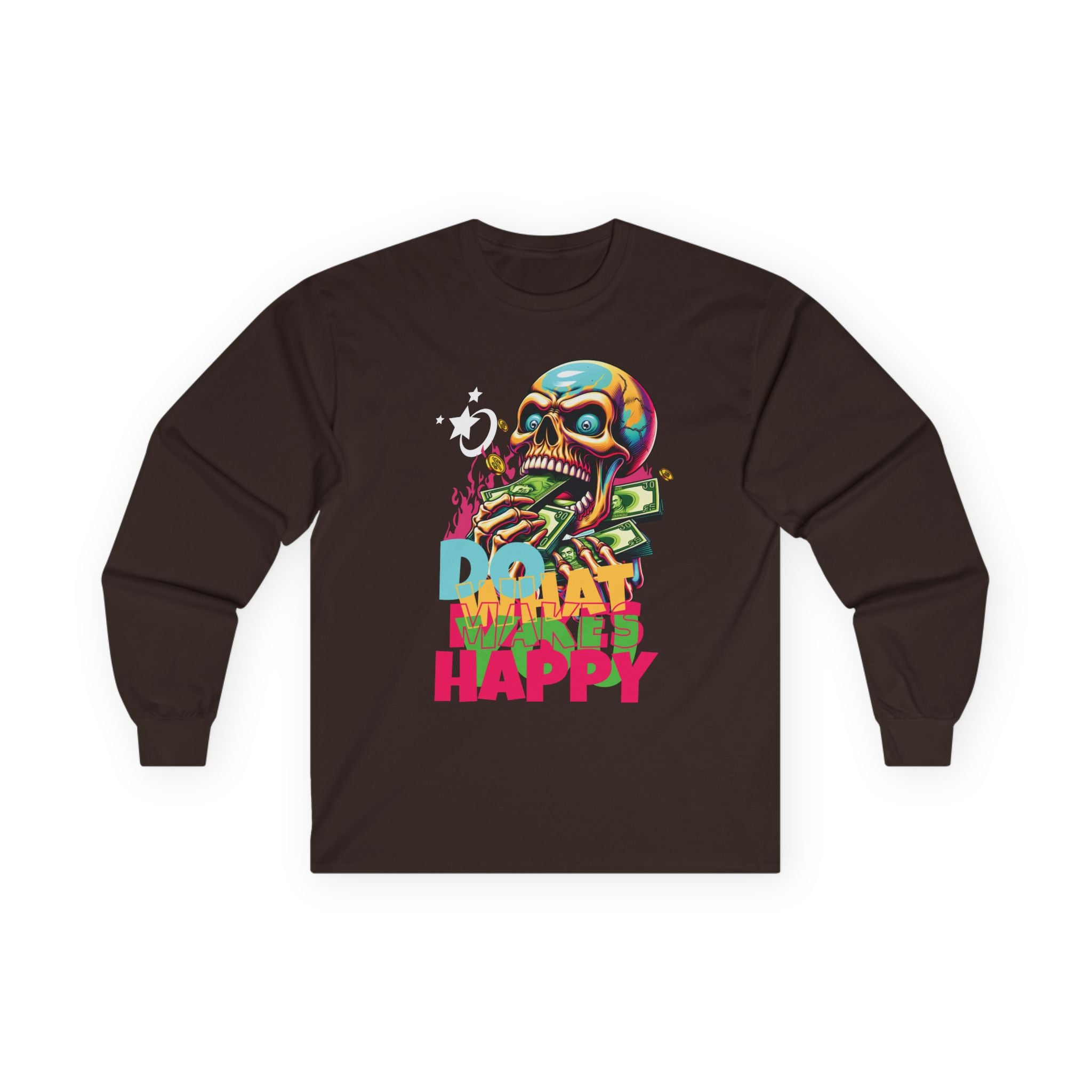 Vibrant Skull Graphic Long Sleeve Tee, Casual Wear, Grunge Style, Unisex Tee, Ideal for Halloween or Music Festivals, Fun Gift Idea