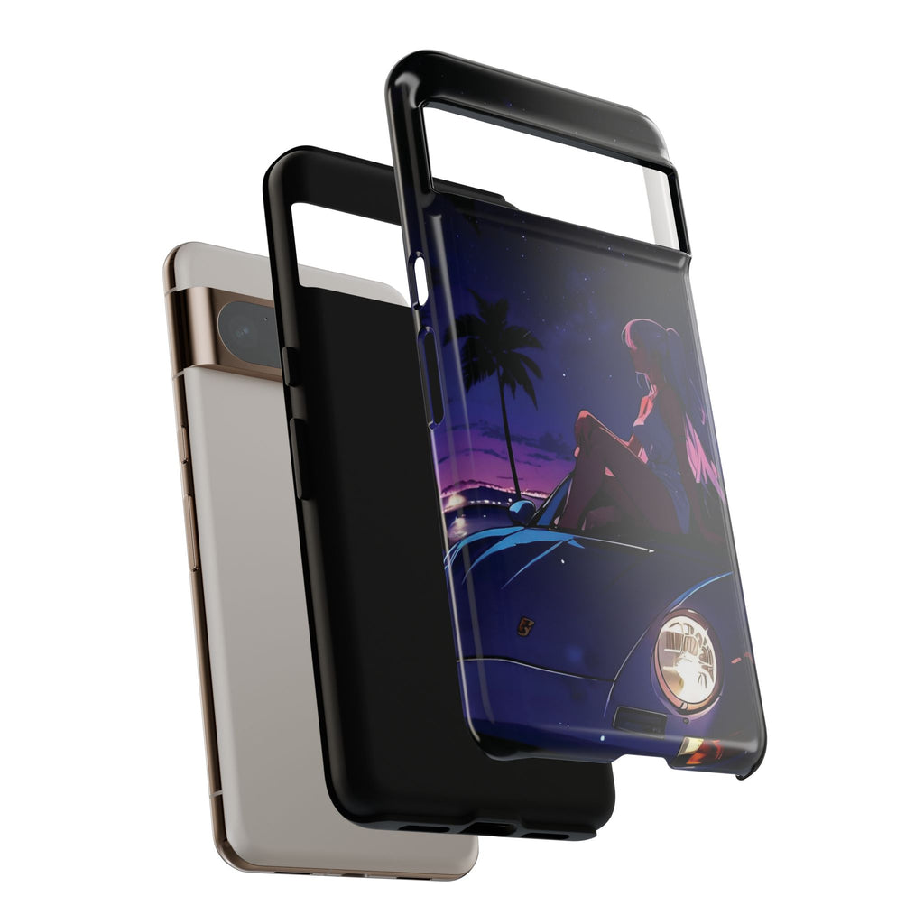 Anime Girl Nightscape Phone Case — Retro Car, Palm Trees & Starry Sunset