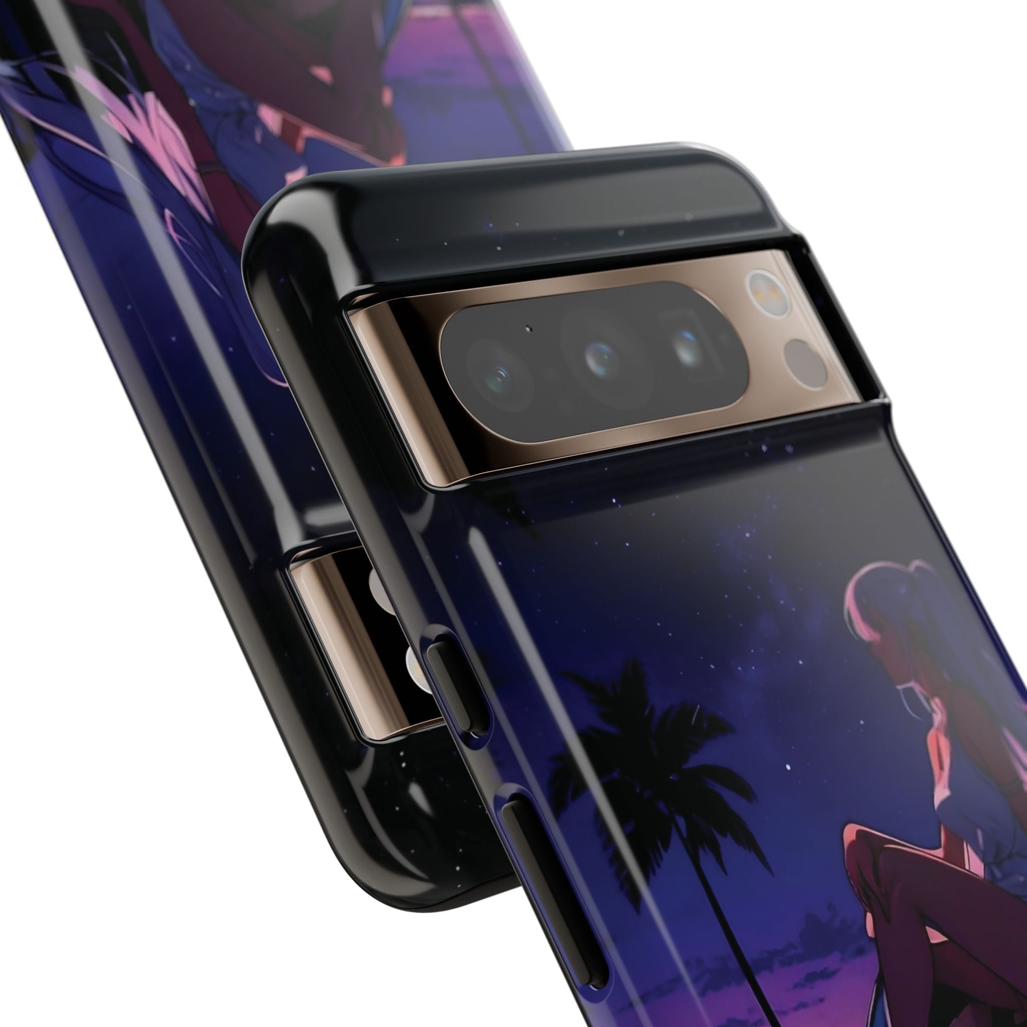 Anime Girl Nightscape Phone Case — Retro Car, Palm Trees & Starry Sunset