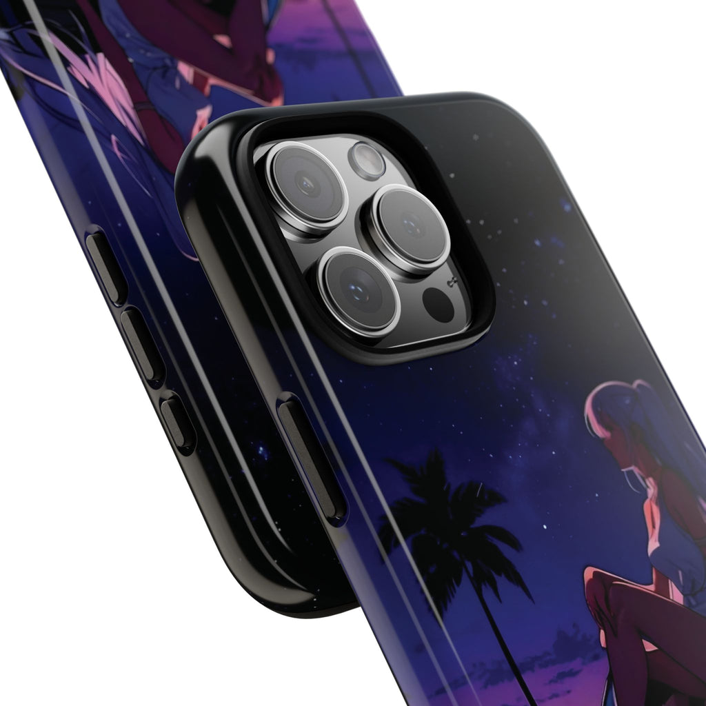 Anime Girl Nightscape Phone Case — Retro Car, Palm Trees & Starry Sunset