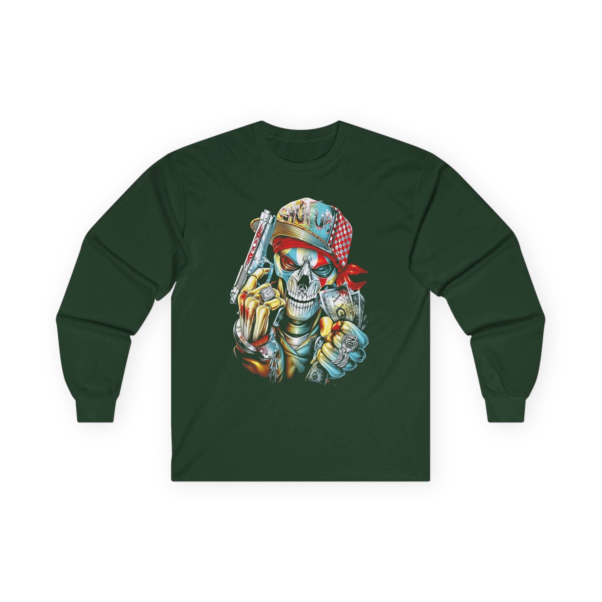 Gangster Skull Tee, Edgy Skeleton Shirt, Badass Long Sleeve Top, Urban Graphic Tee, Hip Hop Apparel, Streetwear Clothing
