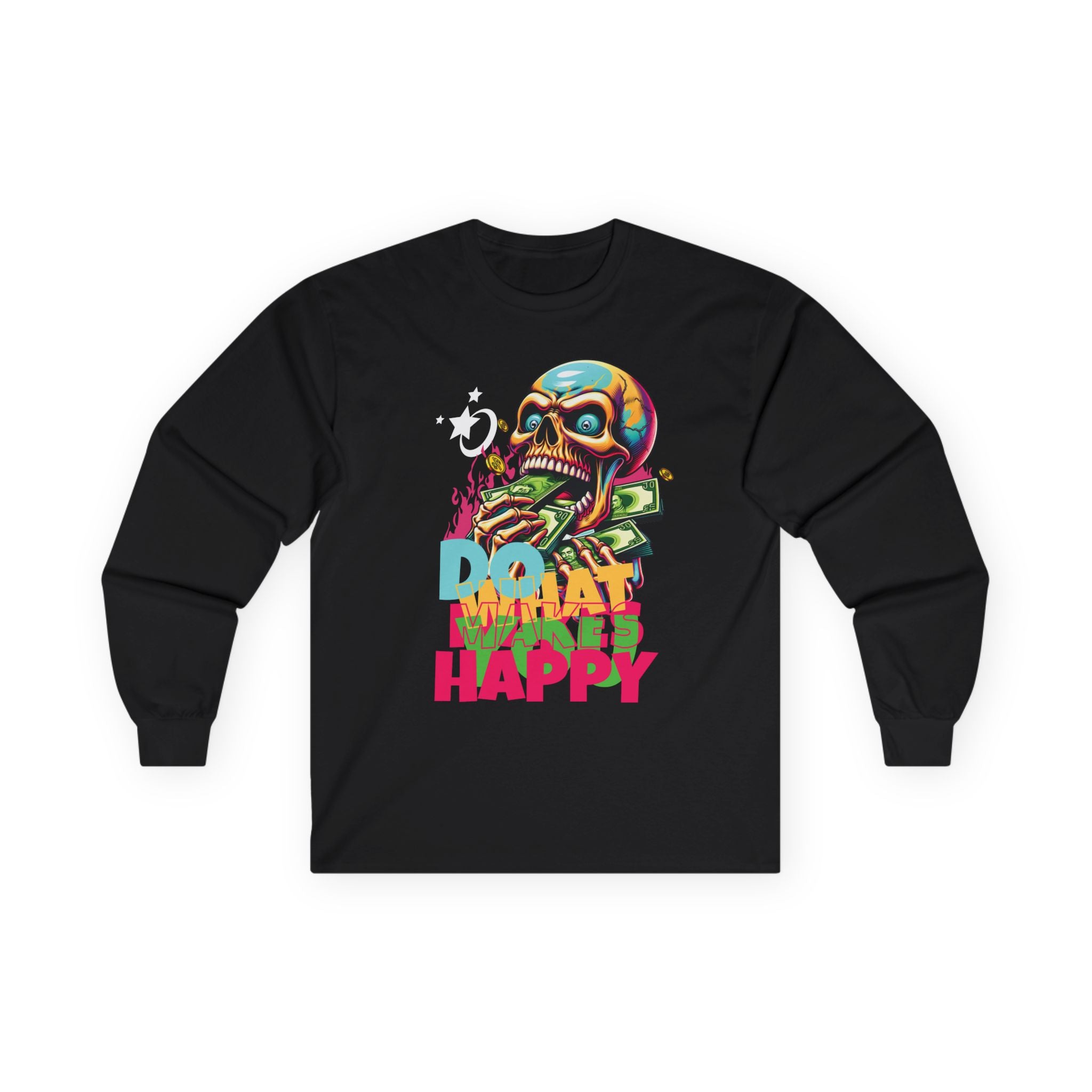 Vibrant Skull Graphic Long Sleeve Tee, Casual Wear, Grunge Style, Unisex Tee, Ideal for Halloween or Music Festivals, Fun Gift Idea