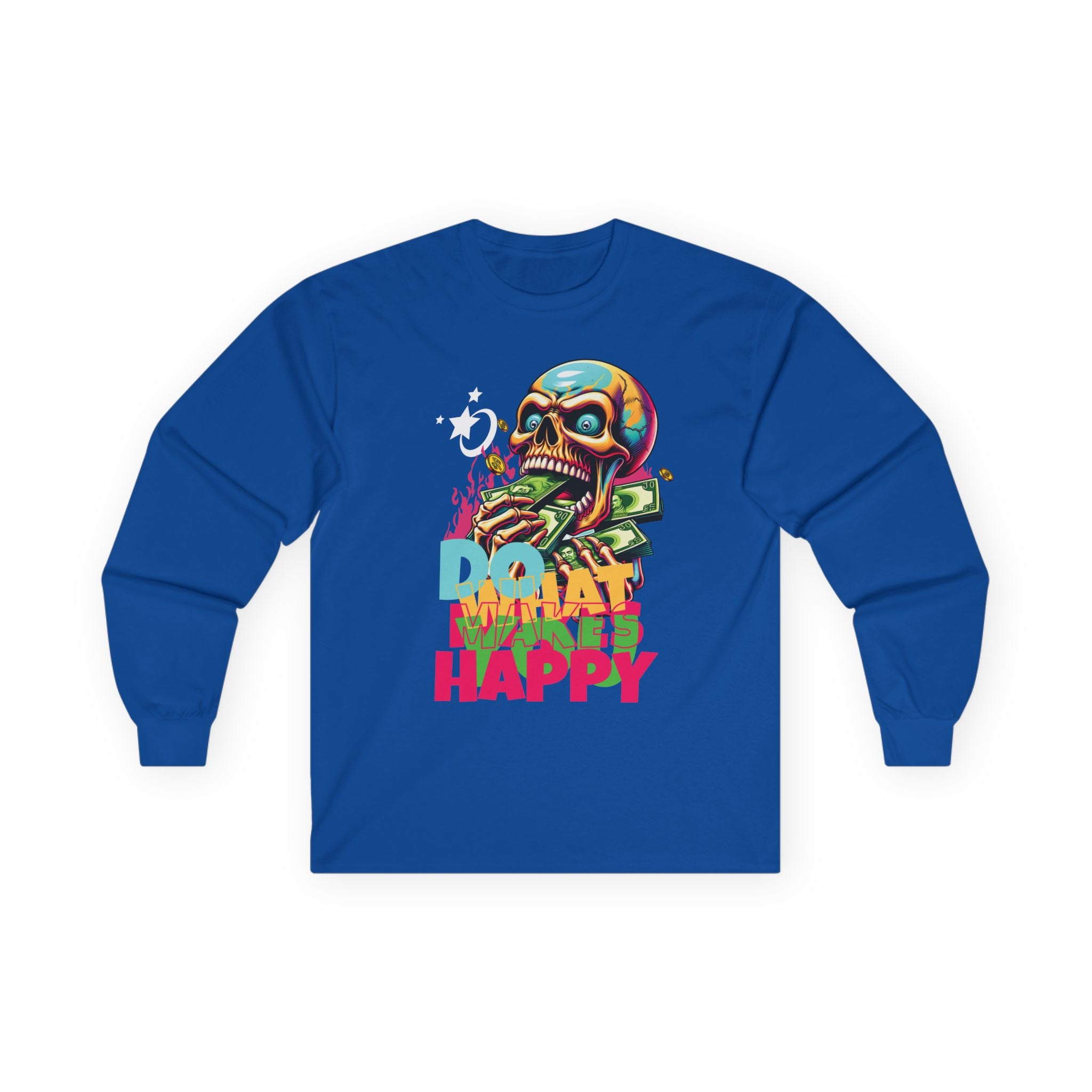 Vibrant Skull Graphic Long Sleeve Tee, Casual Wear, Grunge Style, Unisex Tee, Ideal for Halloween or Music Festivals, Fun Gift Idea