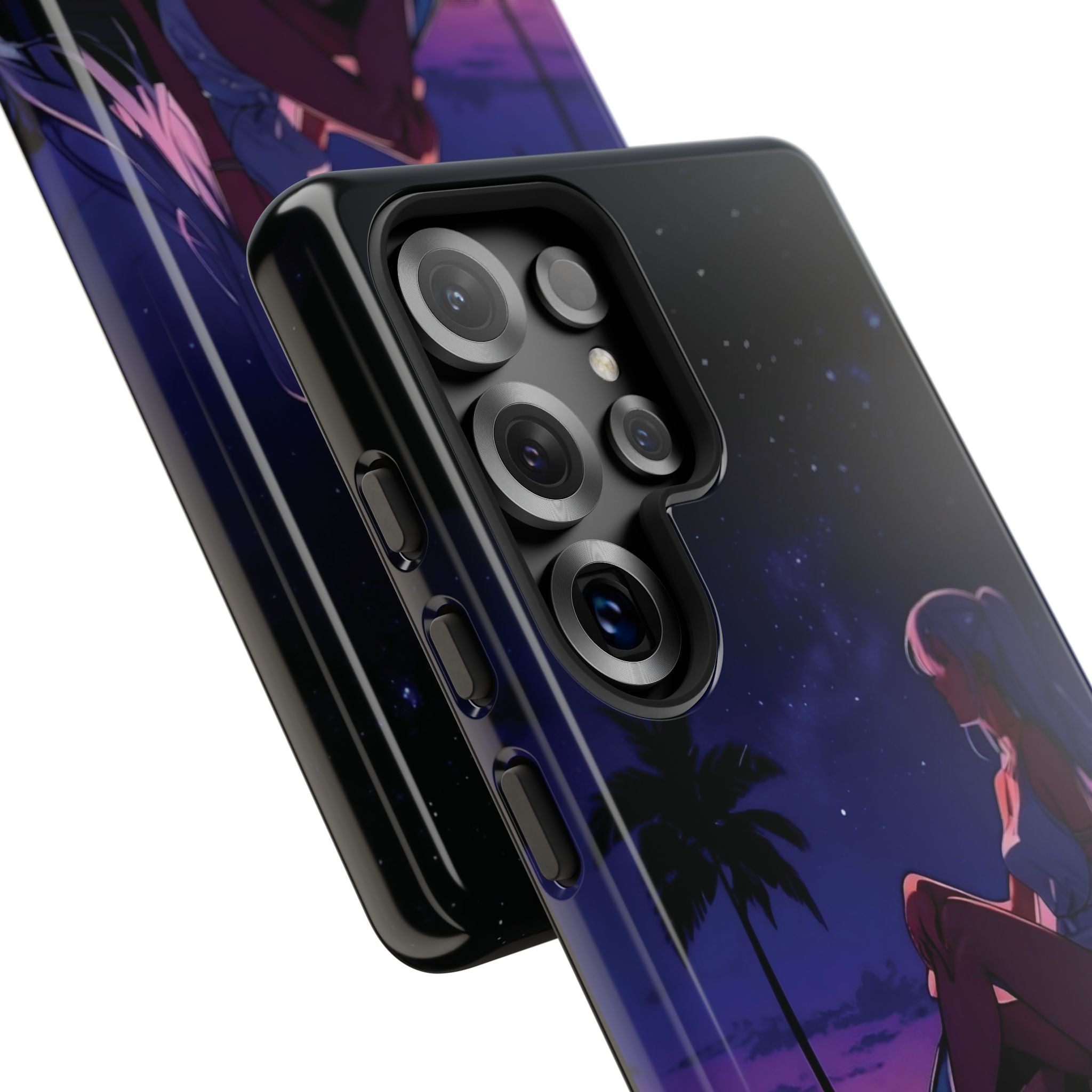 Anime Girl Nightscape Phone Case — Retro Car, Palm Trees & Starry Sunset