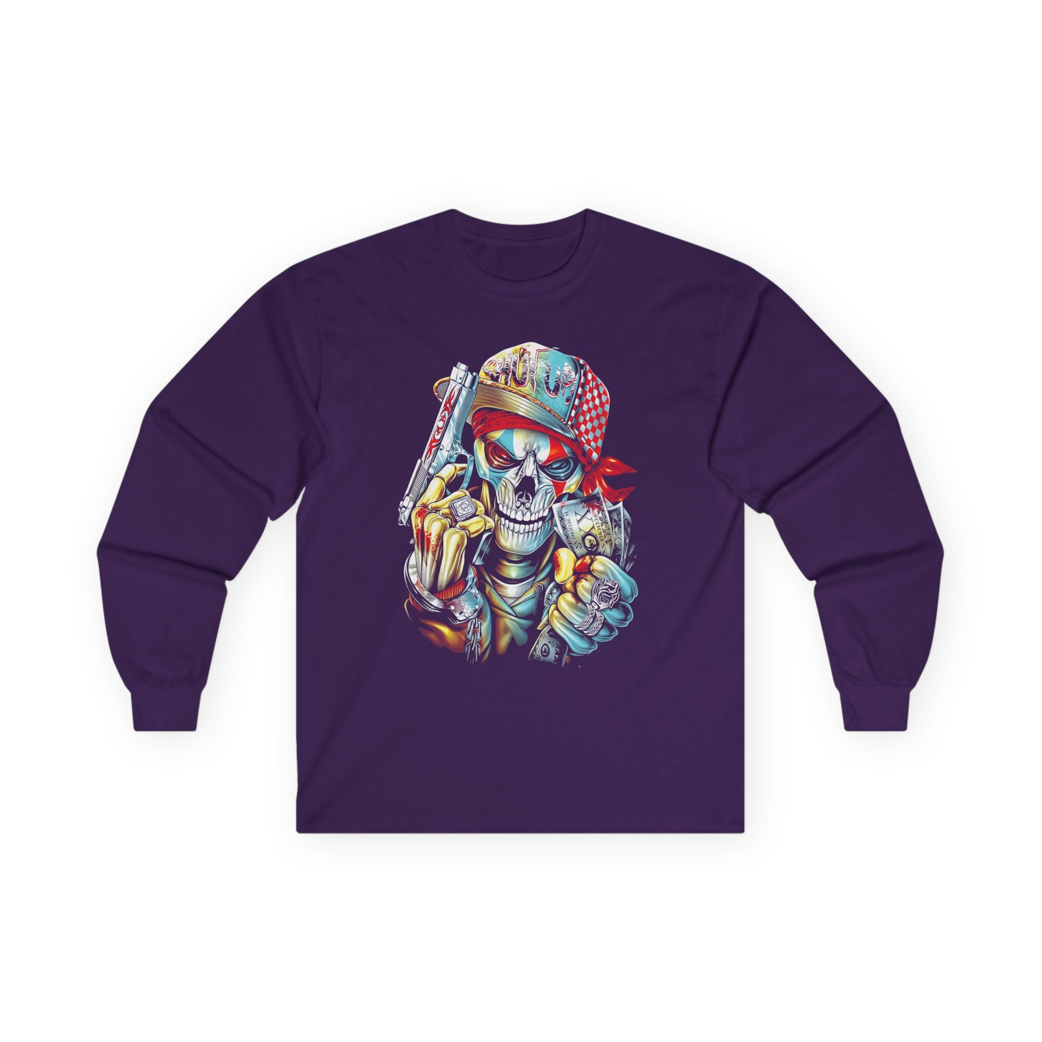 Gangster Skull Tee, Edgy Skeleton Shirt, Badass Long Sleeve Top, Urban Graphic Tee, Hip Hop Apparel, Streetwear Clothing